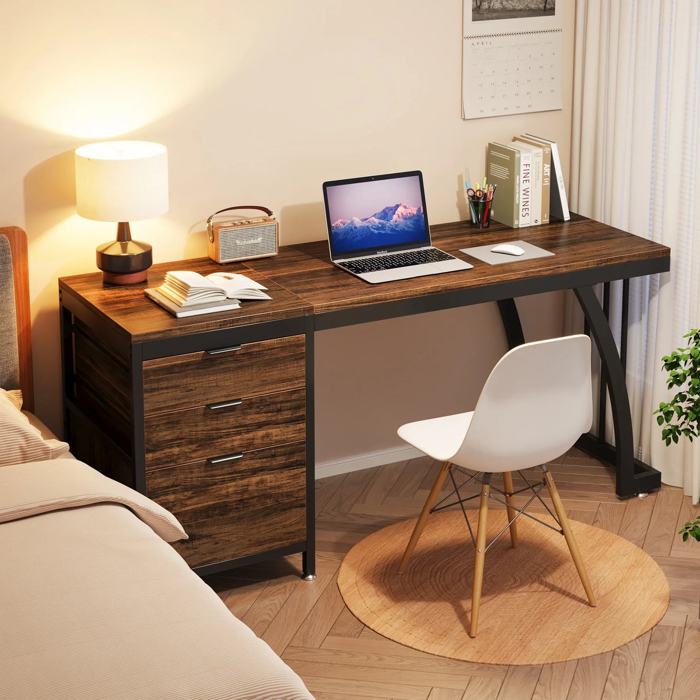 Computer Desk with 3 Drawers, 59-Inch PC Desk with Reversible Drawers, Industrial Study Table Workstation.