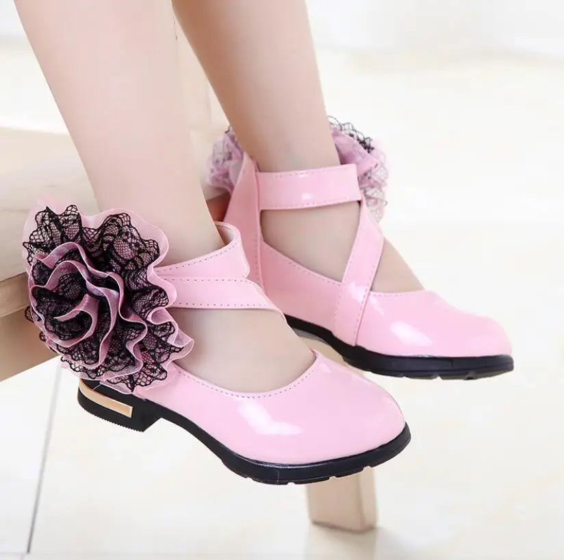 Girls High Heel Princess Flower Shoes, Fashion Children Shoes Leather Girls.