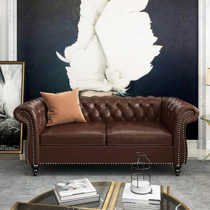 3-Piece Chesterfield Leather Sofa Set, with Scroll Arms & Nail,Head Trim, Dark Brown Living Room Furniture.