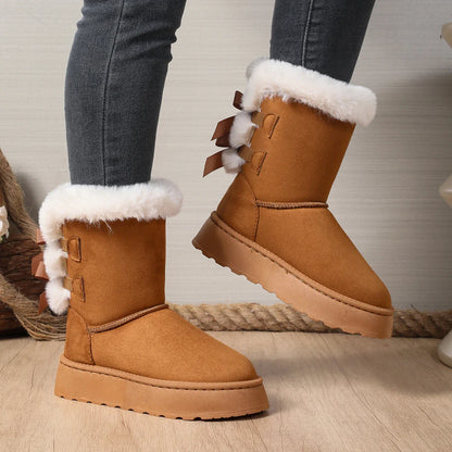 Bow Round Toe Elegant  Flat Wear-resistant Warm Women's Shoes