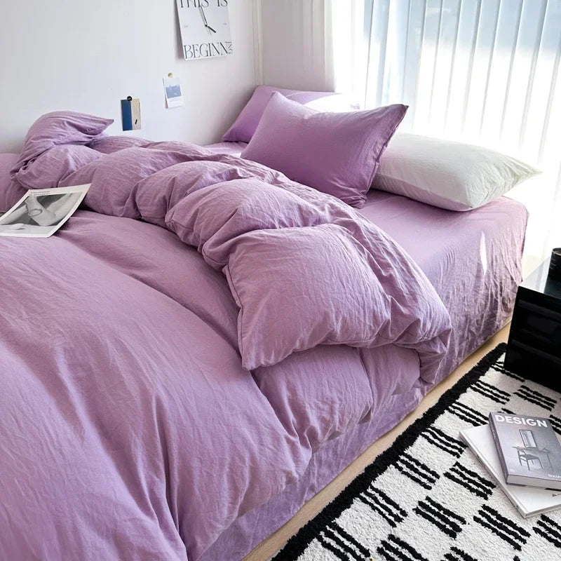 Bed Linen Solid Cotton Bedding Set, with Sheet, Duvet Cover, Pillowcases. Single Couple Bedsheet King, Queen Double Twin Size