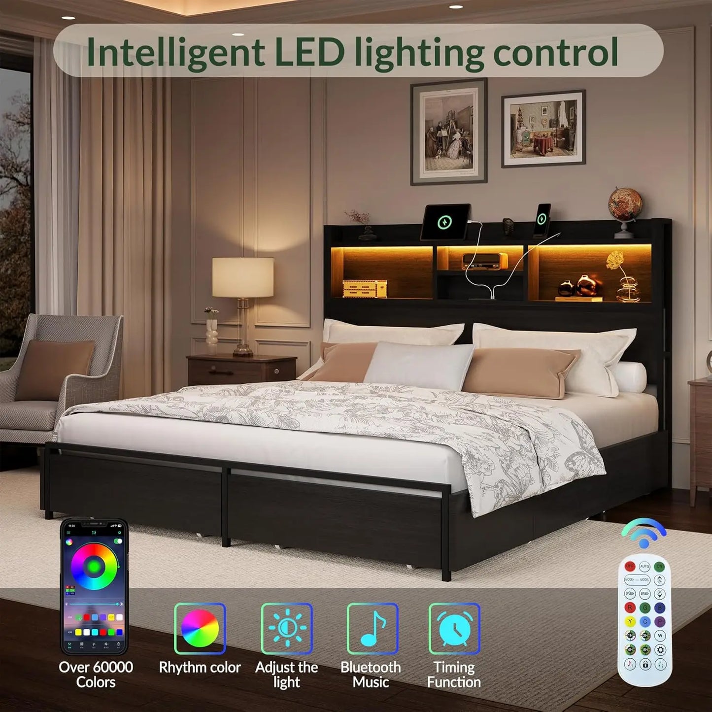 Queen Size Wooden Bed Frame with 6 Drawers, Headboard, LED Lights & Charging Station, No Box Spring Needed, Black.
