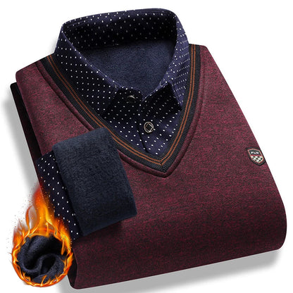 Men Fleece Lining Sweater Autumn Winter Pullover, Polo Shirt Collar Fake Two Piece Casual Knitwear.