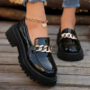 Trendy British Style Flats with Thick Heels, Leather Shoes Spring Autumn Floral Pattern.