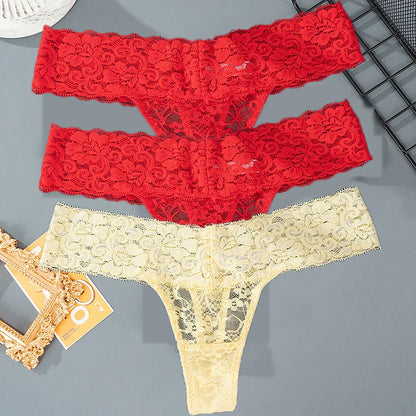 3PCS Lace Floral Women Panties ,Low Waist Breathable Briefs Female Thong Underwear M-2XL Sexy G-String Transparent Panty.