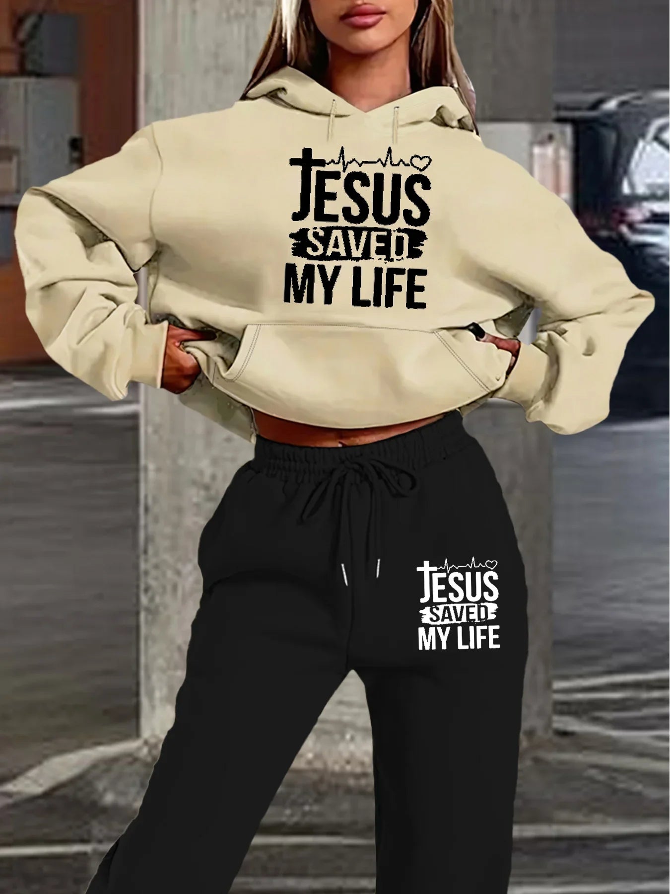 Women's autumn and winter casual fashion, loose hip-hop street JESUS, letter printed warm hooded sweat ,shirt+ sports pants.