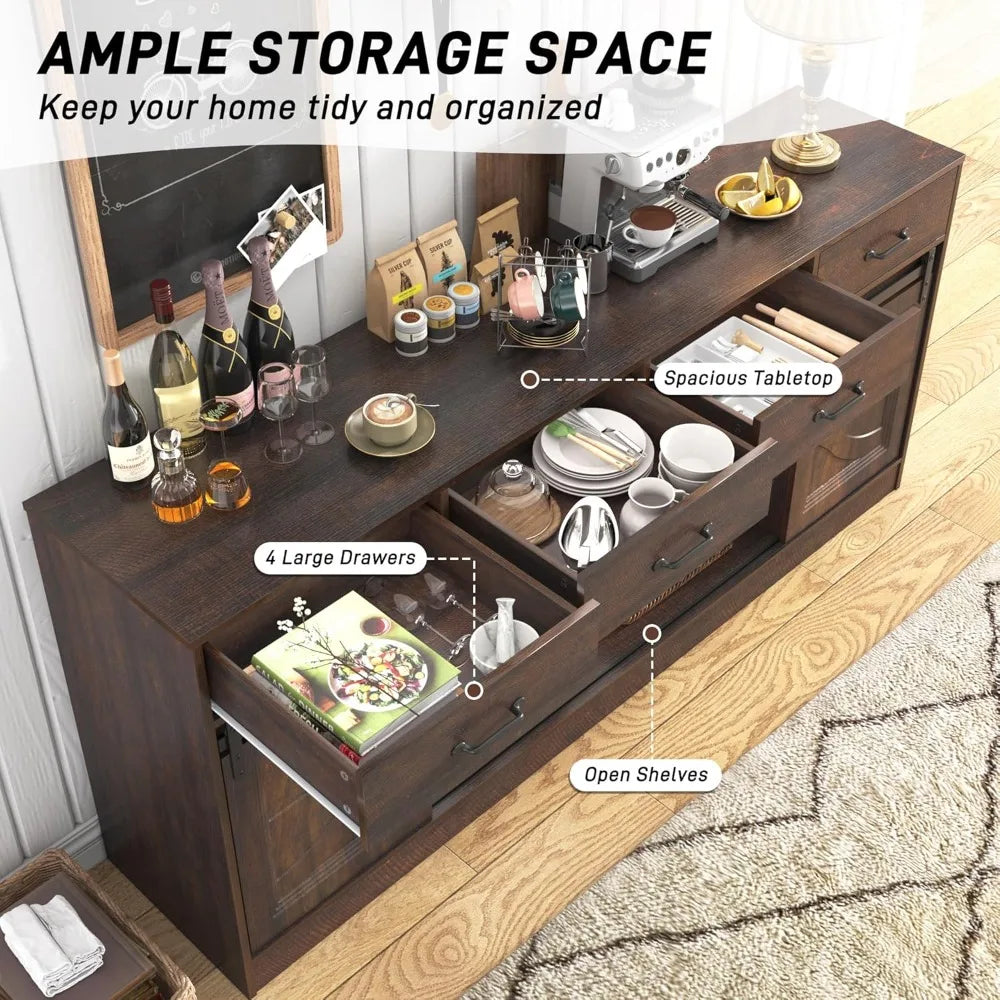 70" Farmhouse Buffet Cabinet with 4 Drawers, Sliding Doors, Storage for Living Room, Kitchen, Brown.