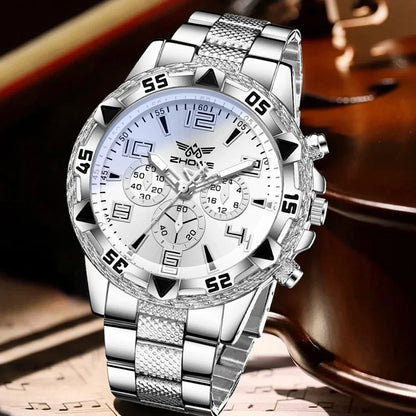 4PCS Silver Men's Fashion Casual Quartz Watch Bracelet Necklace Ring Set.