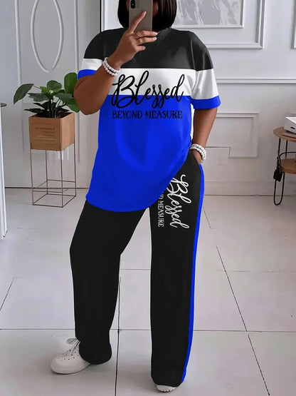 Plus Size Women's Casual Short-Sleeved Striped Printed Loose Pocket Pants Suit
