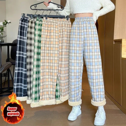 Warm Plush Pants, Cashmere Thick Plaid Ladies Winter Loose Wide-legged Pants
