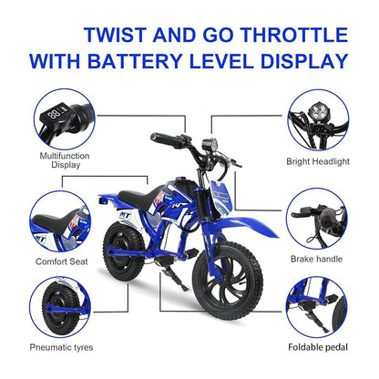 25V Electric Dirt Bike, 200W Electric Motorcycle, Up to 10MPH & 7 Miles Long Range, 3-Speed Modes for Kids Ages 3-10.