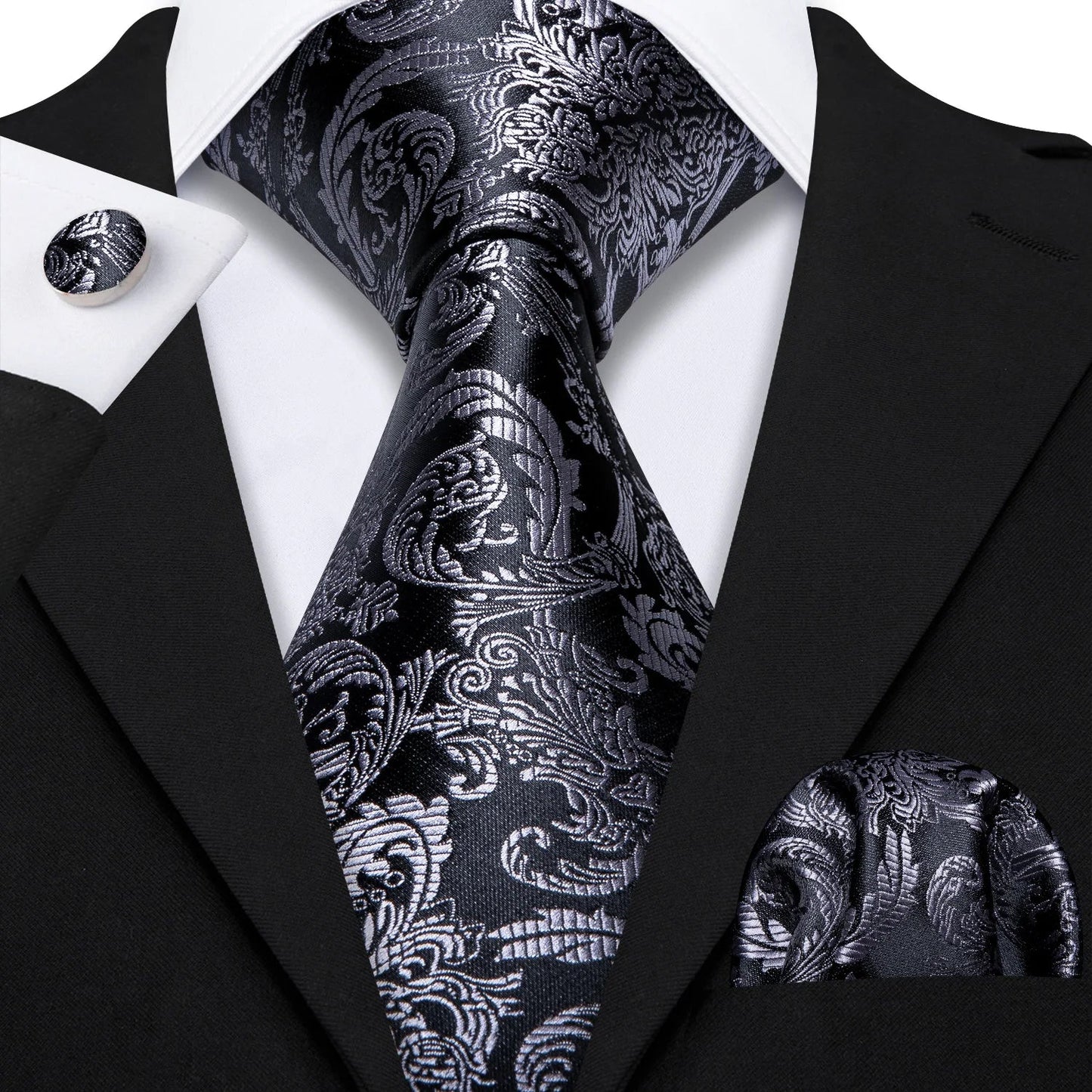 Black White Gray Silver Men Tie Handkerchief Cufflinks Set.