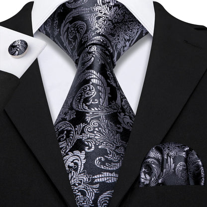 Black White Gray Silver Men Tie Handkerchief Cufflinks Set.