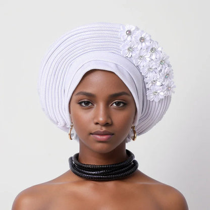 Red Multi-Layered, Turban Hat African Fan Shaped Head Wraps ,Pleated Headwear With Crystal.