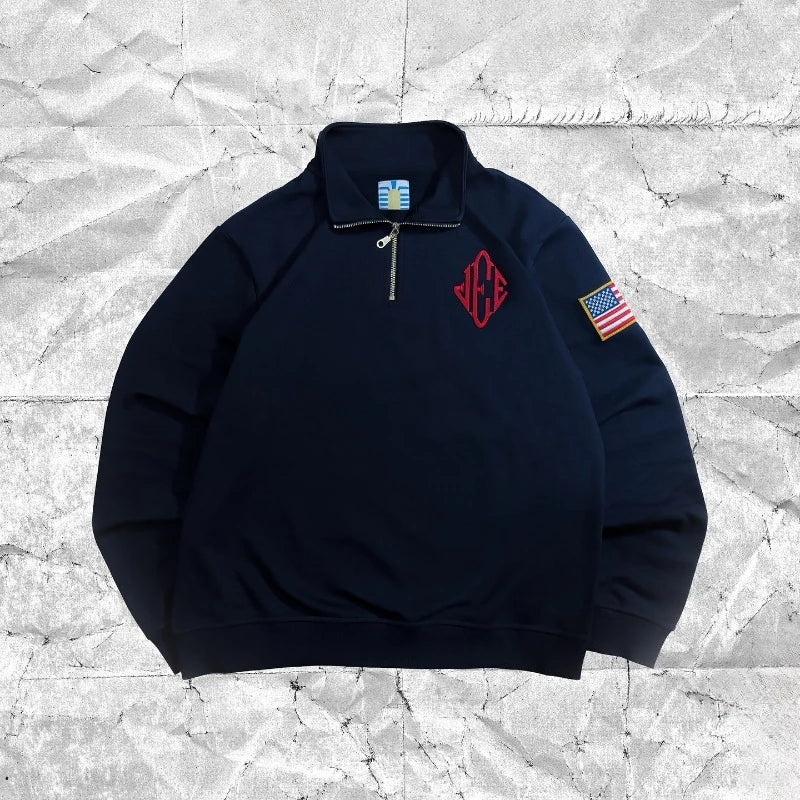 Y2K Retro Quarter zip Pullover Hoodie, Epstein Embroidery Pattern Sweatshirt, American Vintage Casual Streetwear.