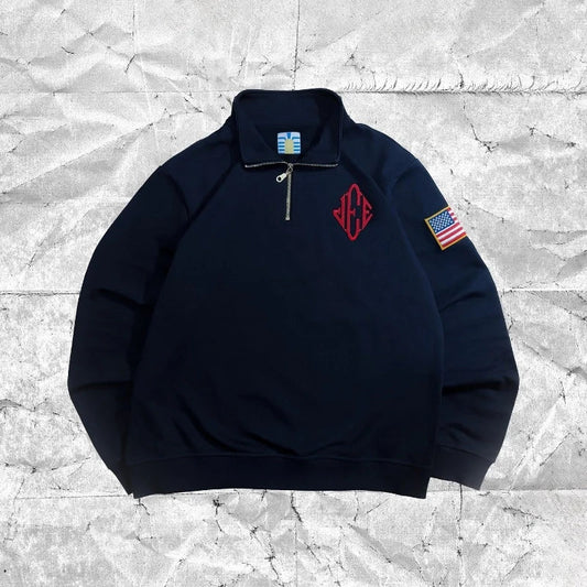 Y2K Retro Quarter zip Pullover Hoodie, Epstein Embroidery Pattern Sweatshirt, American Vintage Casual Streetwear.