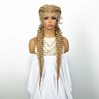 1B/30 Dark Brown Dutch Box Braids Wig | Synthetic Lace Frontal | Fishtail Braids | With Baby Hair | For Black Women