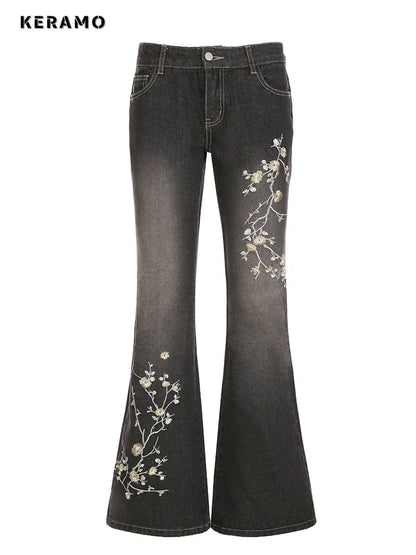 Wee keep Floral Embroidery Jeans Vintage 2000s Low Rise Women Retro y2k Baggy Denim Pants.