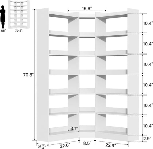 70.8" Tall Corner Bookshelf, 7-Tier L-Shaped Storage Rack, with Baffle for Home Office Living Room.