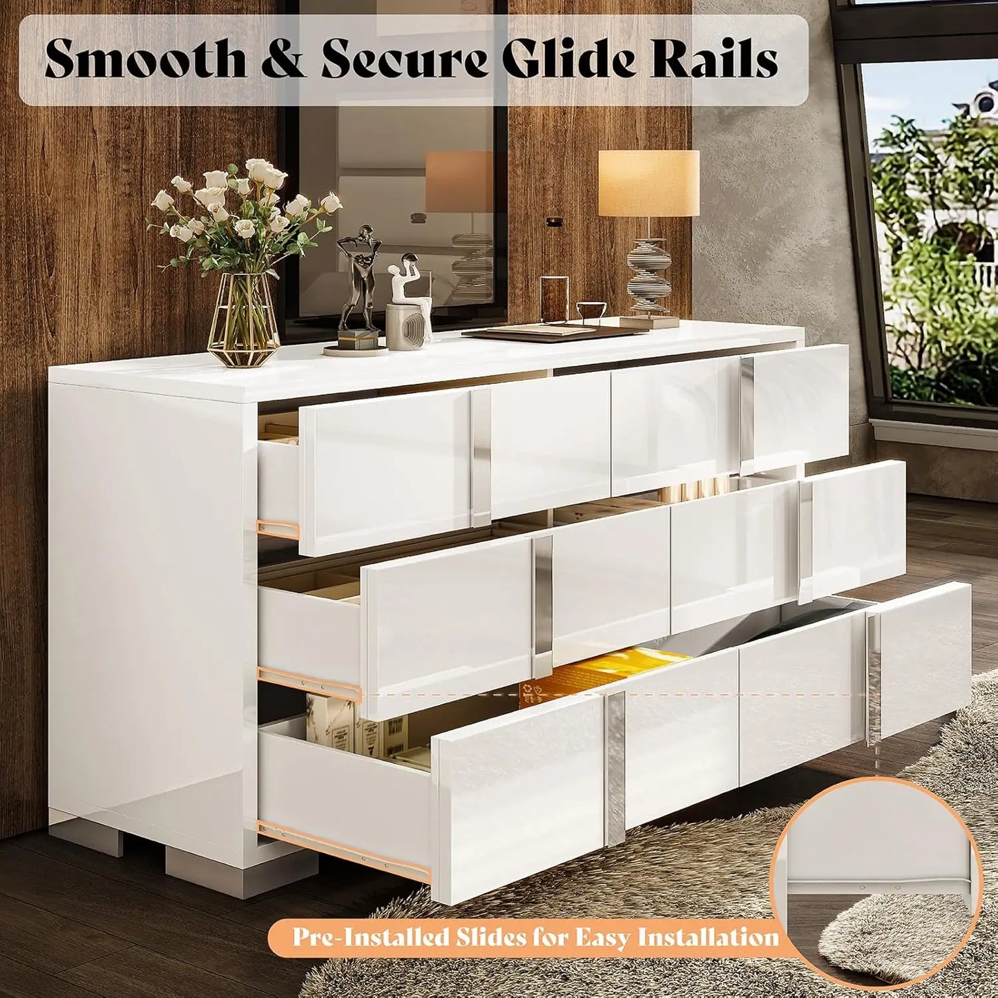 Modern Storage Chest of Drawers with Wide Tabletop, 54" W High Gloss 6 Drawers Dresser with Silver Grooved Handles.