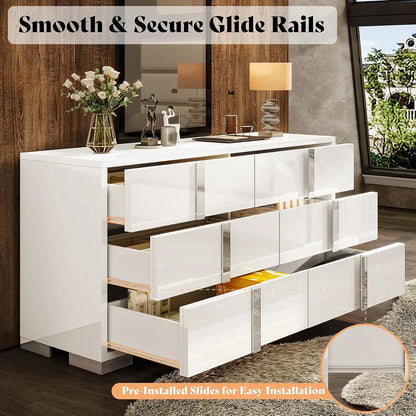 Modern Storage Chest of Drawers with Wide Tabletop, 54" W High Gloss 6 Drawers Dresser with Silver Grooved Handles.