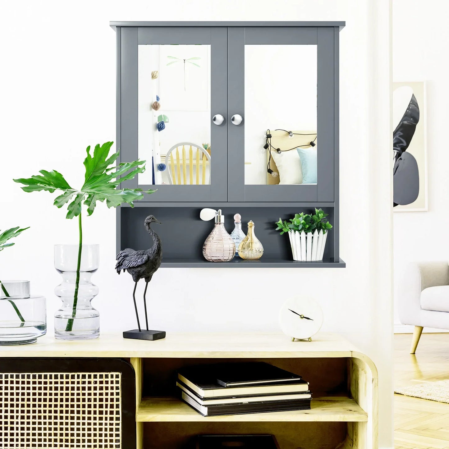 Wall Mount Mirror Cabinet Bathroom, Medicine Cabinet Organizer Grey.