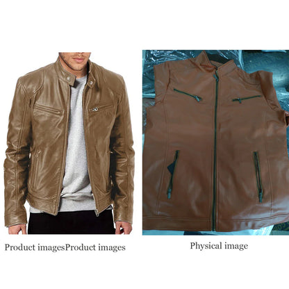 2024 Motorcycle Leather Jackets Men Casual Fashion Coat Slim Fit Lapel Leather Coat.