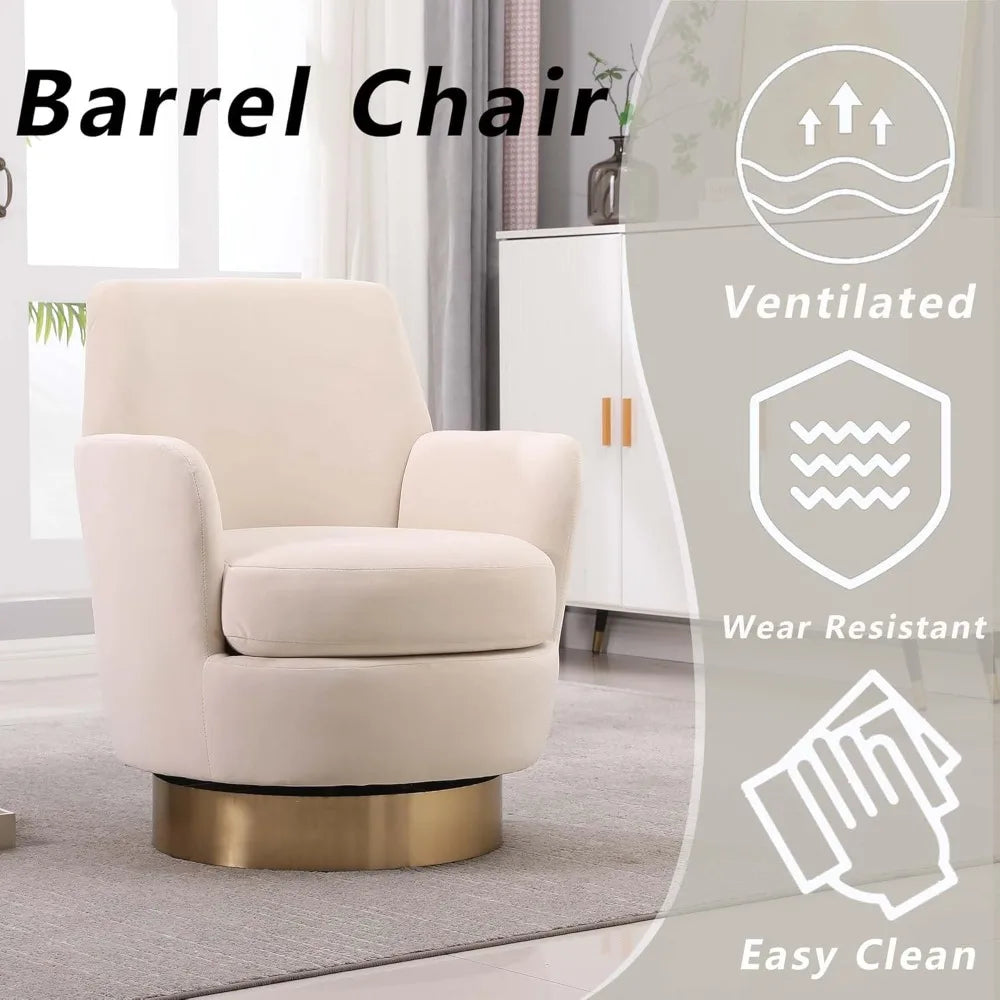Velvet Swivel Accent Chair for Living Room, Comfy Barrel Chair with High Back, Gold Base (Beige)