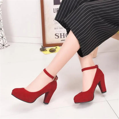 Spring Women Pumps High Heel Ankle Strap Round Toe Shoes.