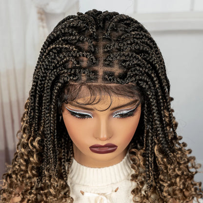 Burgundy Boho Knotless Braids Bob Wig with Curly Ends | Full Lace