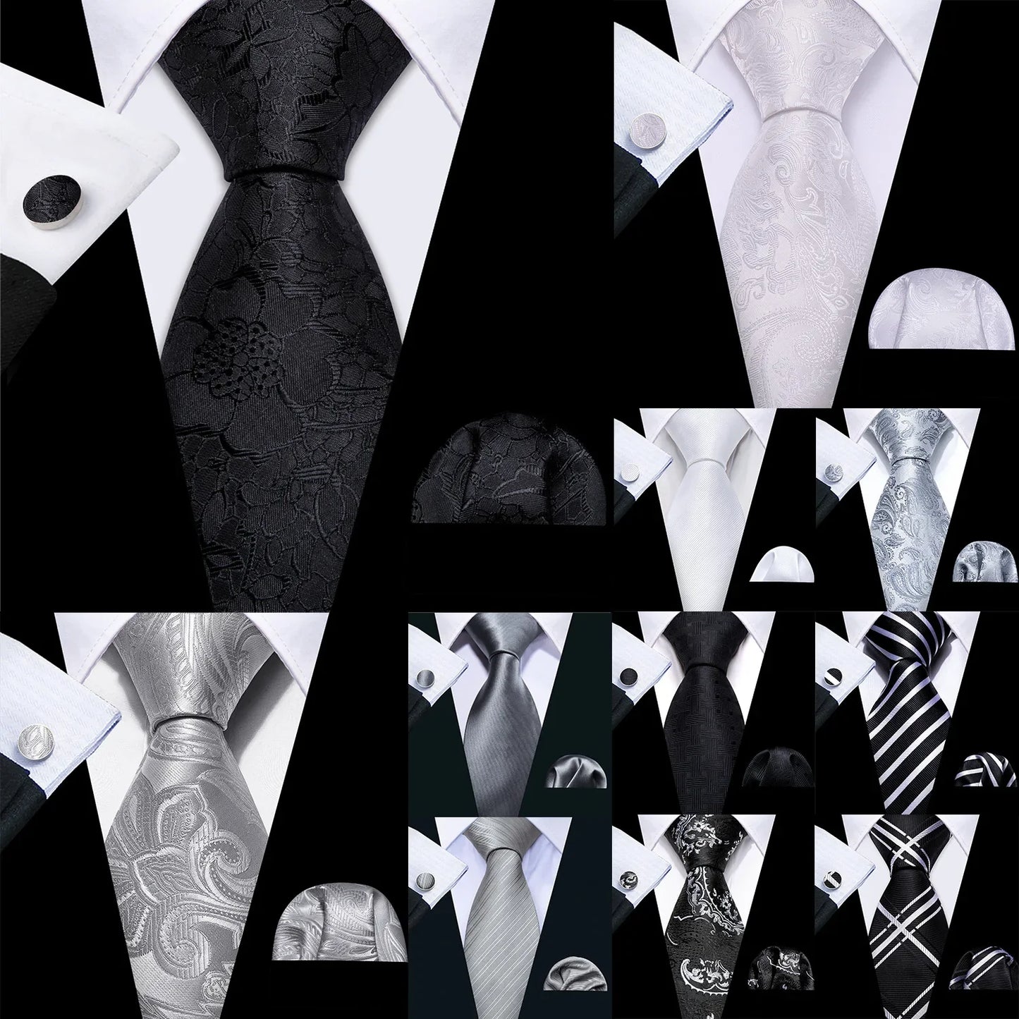 Black White Gray Silver Men Tie Handkerchief Cufflinks Set.