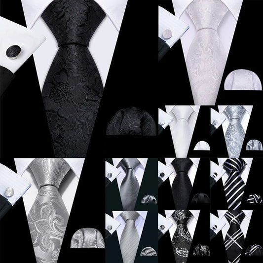 Black White Gray Silver Men Tie Handkerchief Cufflinks Set.