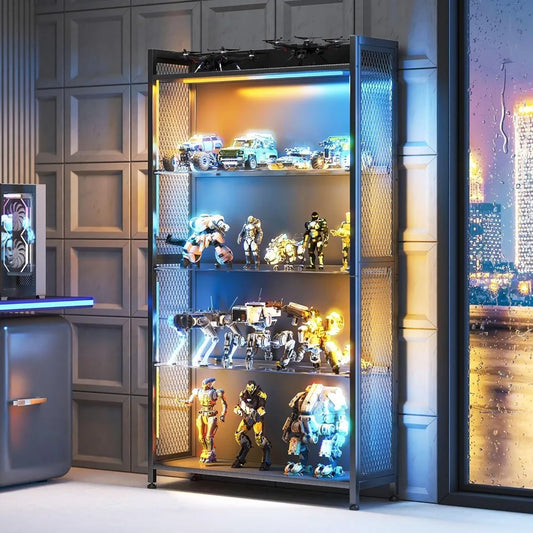 LED Display Cabinet with Glass Shelves, 5-Tier RGB Lighting Curio Case for Collectibles Storage.