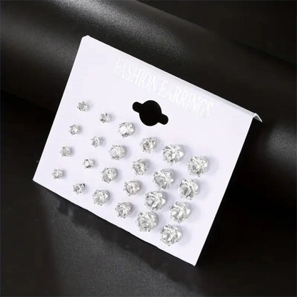 12 Pair Set Stainless Steel Stud Earrings with Gemstone.