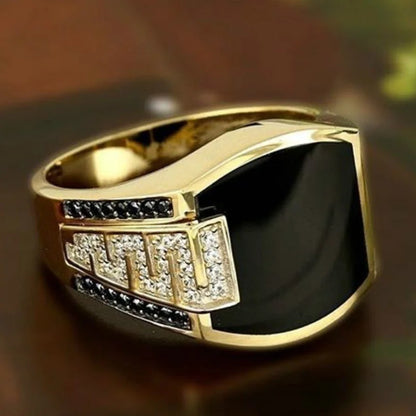 Classic Men Ring Fashion Metal Gold Color, Inlaid Black Stone Zircon Punk Rings for Men.