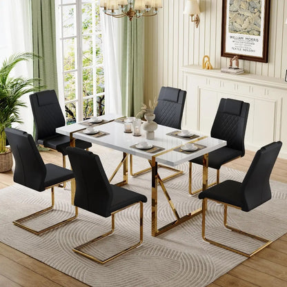 Dining Table Set for 6, Kitchen Table Chairs Set of 6, 55" White High-Gloss Lacquered Tabletop & Electroplated Metal Frame.