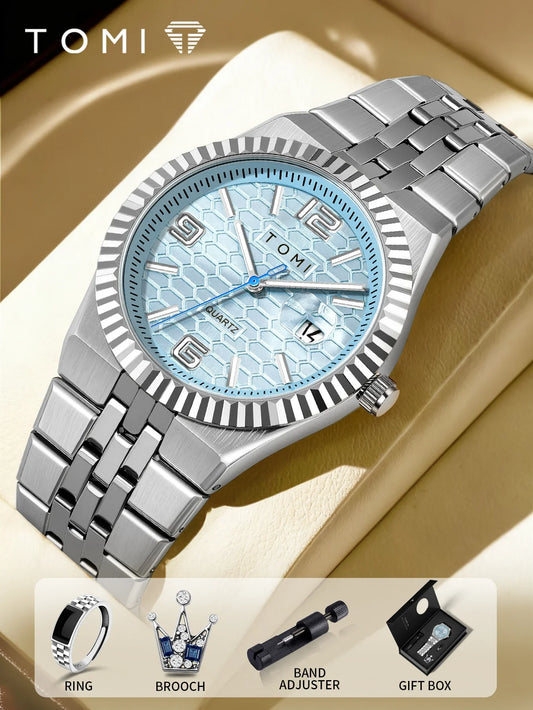 Luxury Men's Watch Steel Band, Calendar, Multi-function Quartz Watch, Ring, Cufflink Gift Box Set.