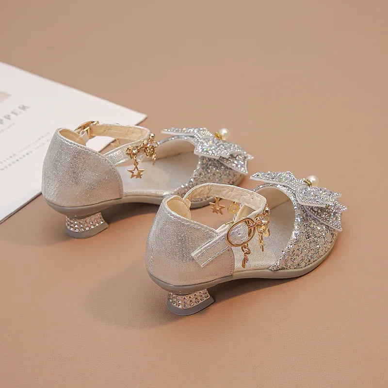 Girls High Heeled Leather Shoes, High Heels for Wedding, with Bow-knot Pendant.