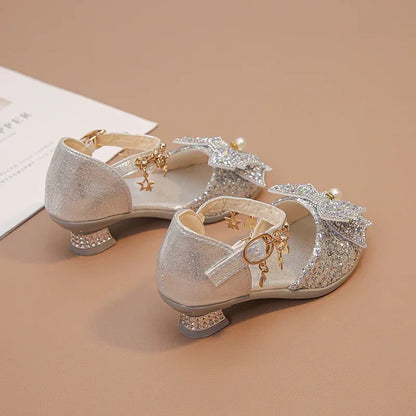 Girls High Heeled Leather Shoes, High Heels for Wedding, with Bow-knot Pendant.