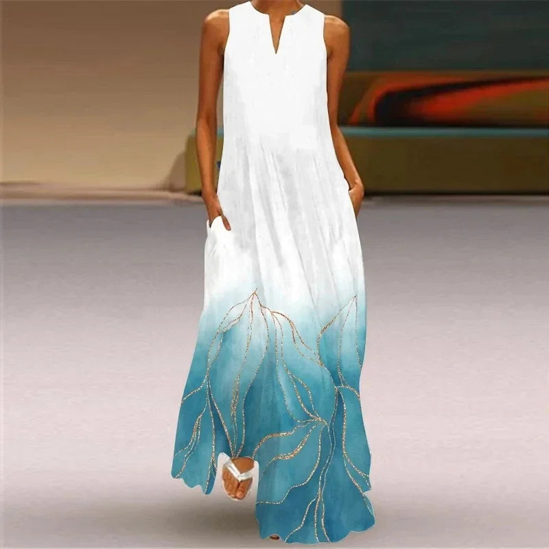 Elegant Sleeveless Women Dress, Vintage Print Loose Long Maxi Dresses Lady V Neck Pocket Sundress Plus Size