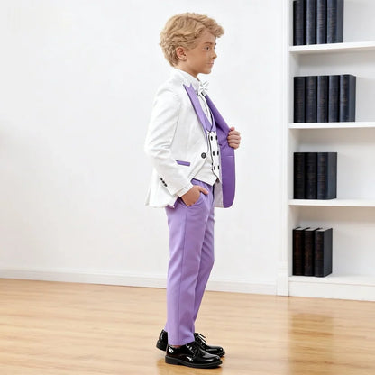 Kids White And Purple Contrast Formal Suit Set, Four Piece Design Elegant Wear For Boys.