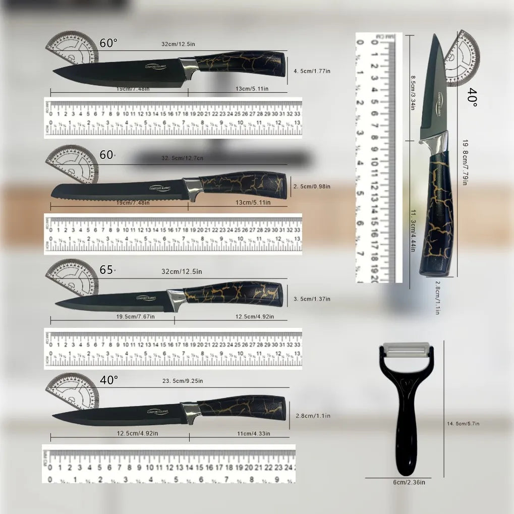 Kitchen knife set, stainless steel non-stick knife, black-edged marble, rose gold six-piece set, 2025 explosion.
