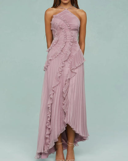 Elegant Women Ruffle Pleated Long Dress , Sleeveless Halter, Tiered Pleated , Maxi Dresses.