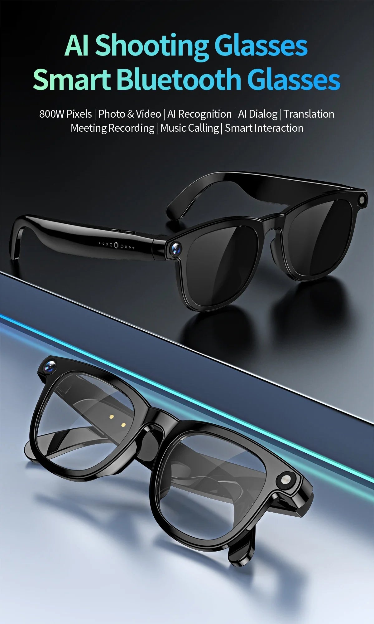 2 in1 4K Smart AI Glasses, 800W pixel AI Shooting Camera, HD Photo Video, Voice Call Translation ,Waterproof Bluetooth AI Glasses.