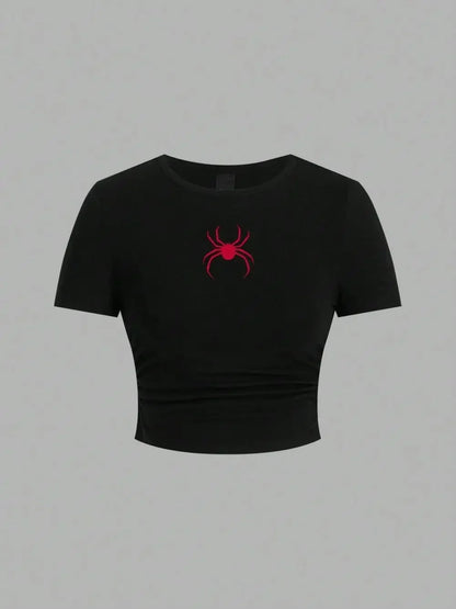 Simple Red Spider Printing Crop Tops Summer Women's ,Slim-fit T-Shirt Female Clothes.