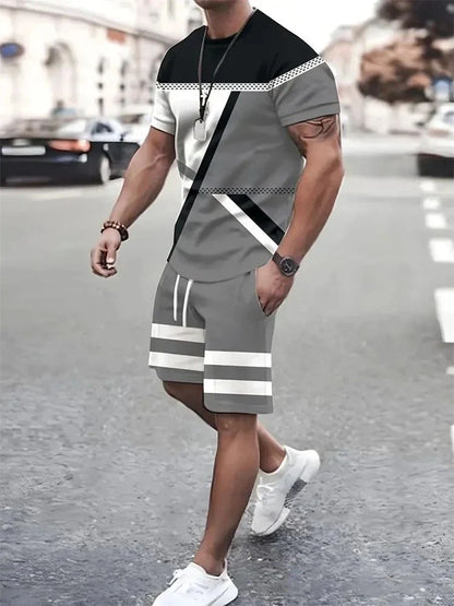 Men short sleeved shirt outdoor breathable, quick drying street fashion casual round neck T-shirt shorts set.