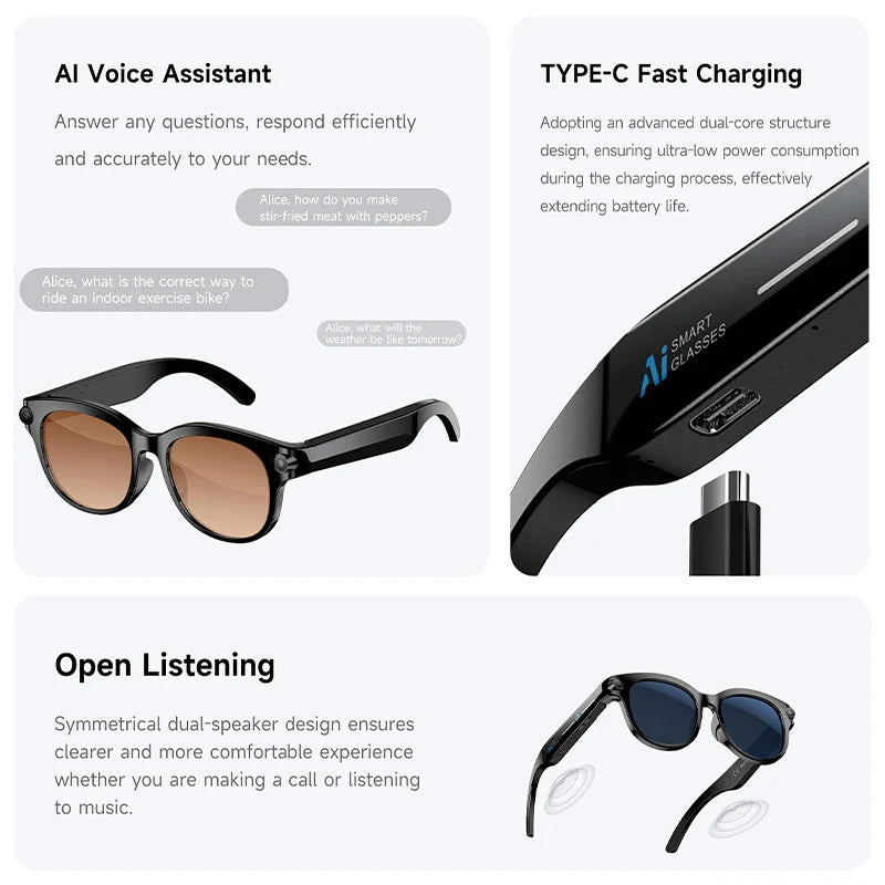 2026 New Al Smart Glasses, 200w HD Camera, Video Record, Voice Translation, Photo Recognition, Music Playback, BT Call Smart Sunglasses.