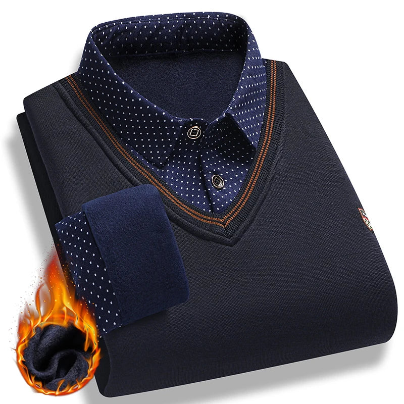 Men Fleece Lining Sweater Autumn Winter Pullover, Polo Shirt Collar Fake Two Piece Casual Knitwear.