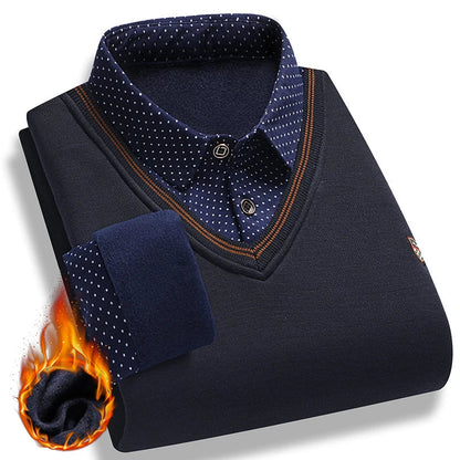 Men Fleece Lining Sweater Autumn Winter Pullover, Polo Shirt Collar Fake Two Piece Casual Knitwear.
