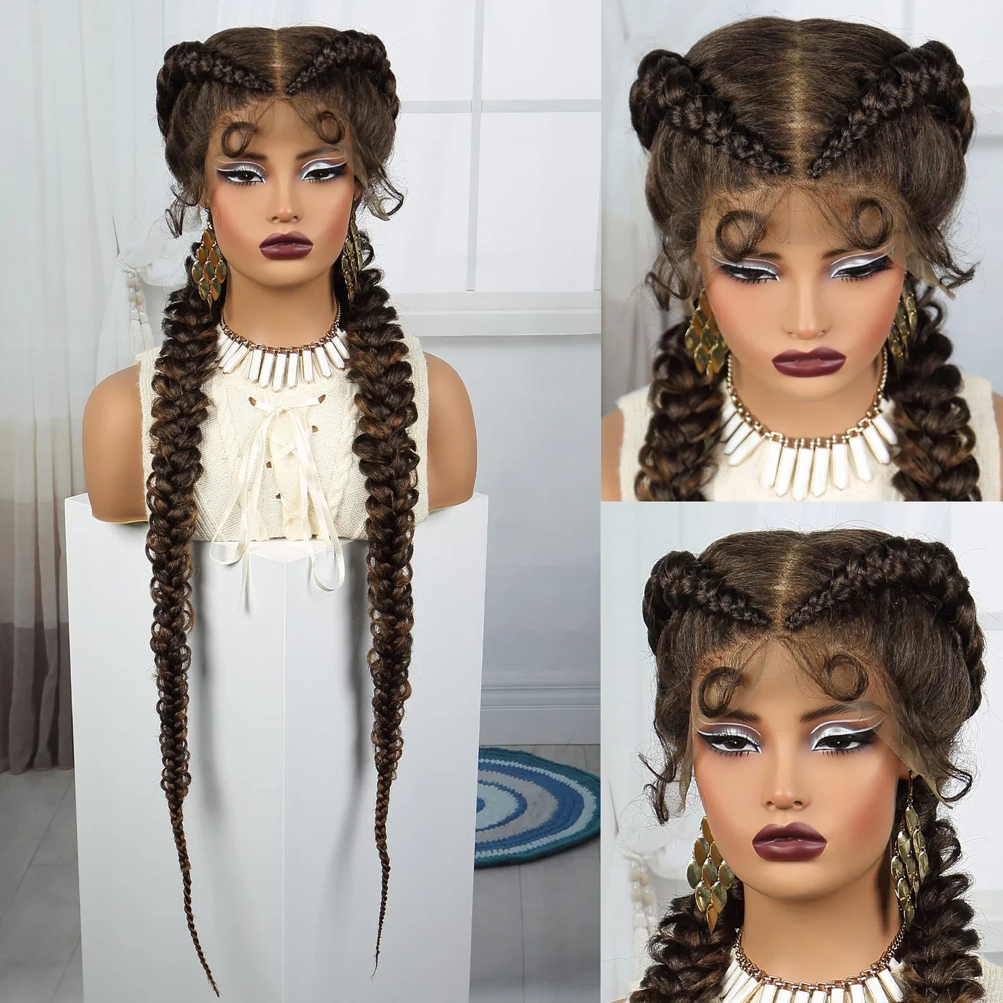 36" Burgundy Twist Cornrow Braids Wig | 99J | Lace Frontal | Baby Hair